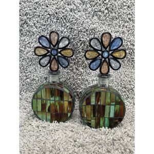 Decorative Glass Bottle With a Mosaic Design Flower Shaped Stopper Set Of 2